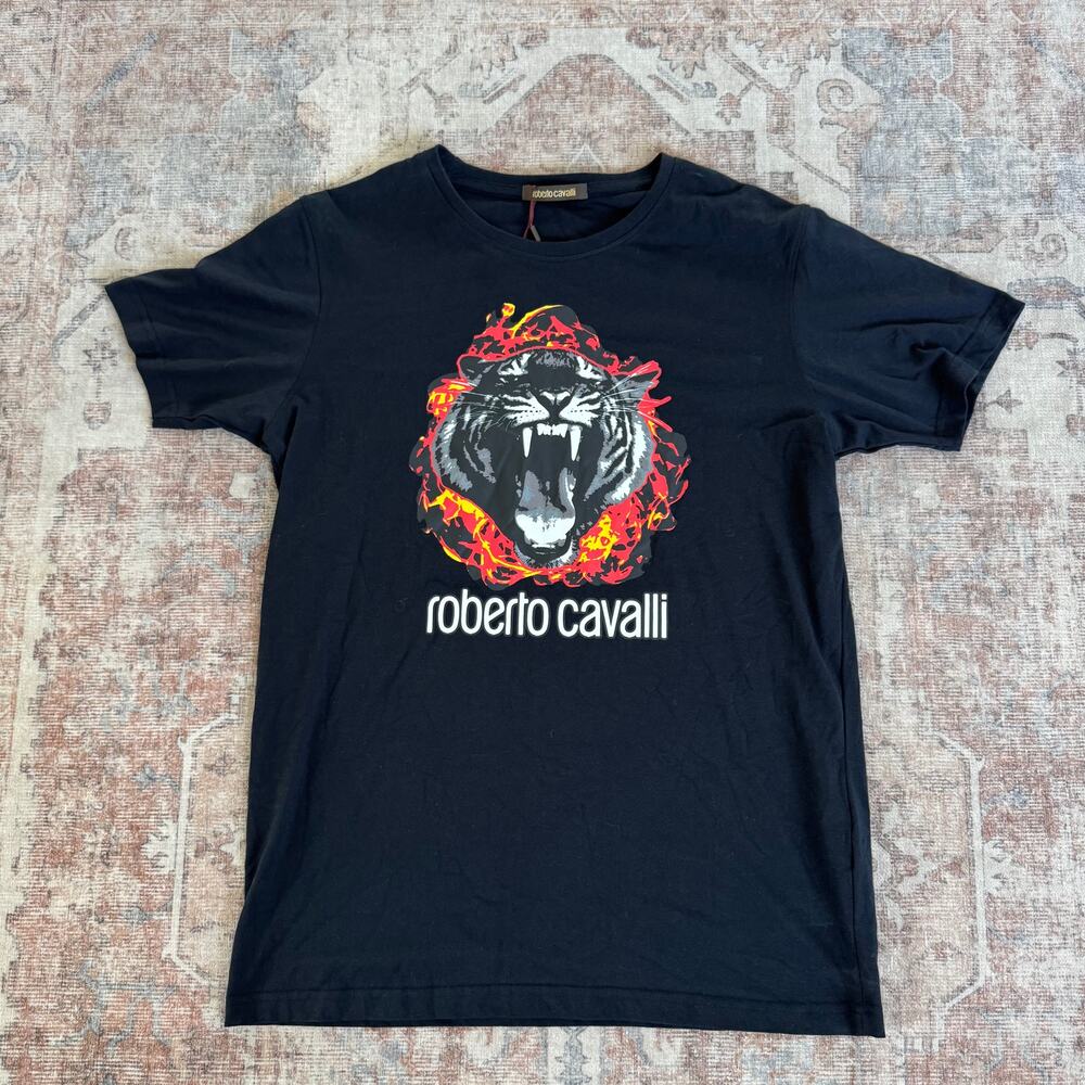 Roberto Cavalli Men’s Black Fire Tiger Graphic Flame T-Shirt NWT XL